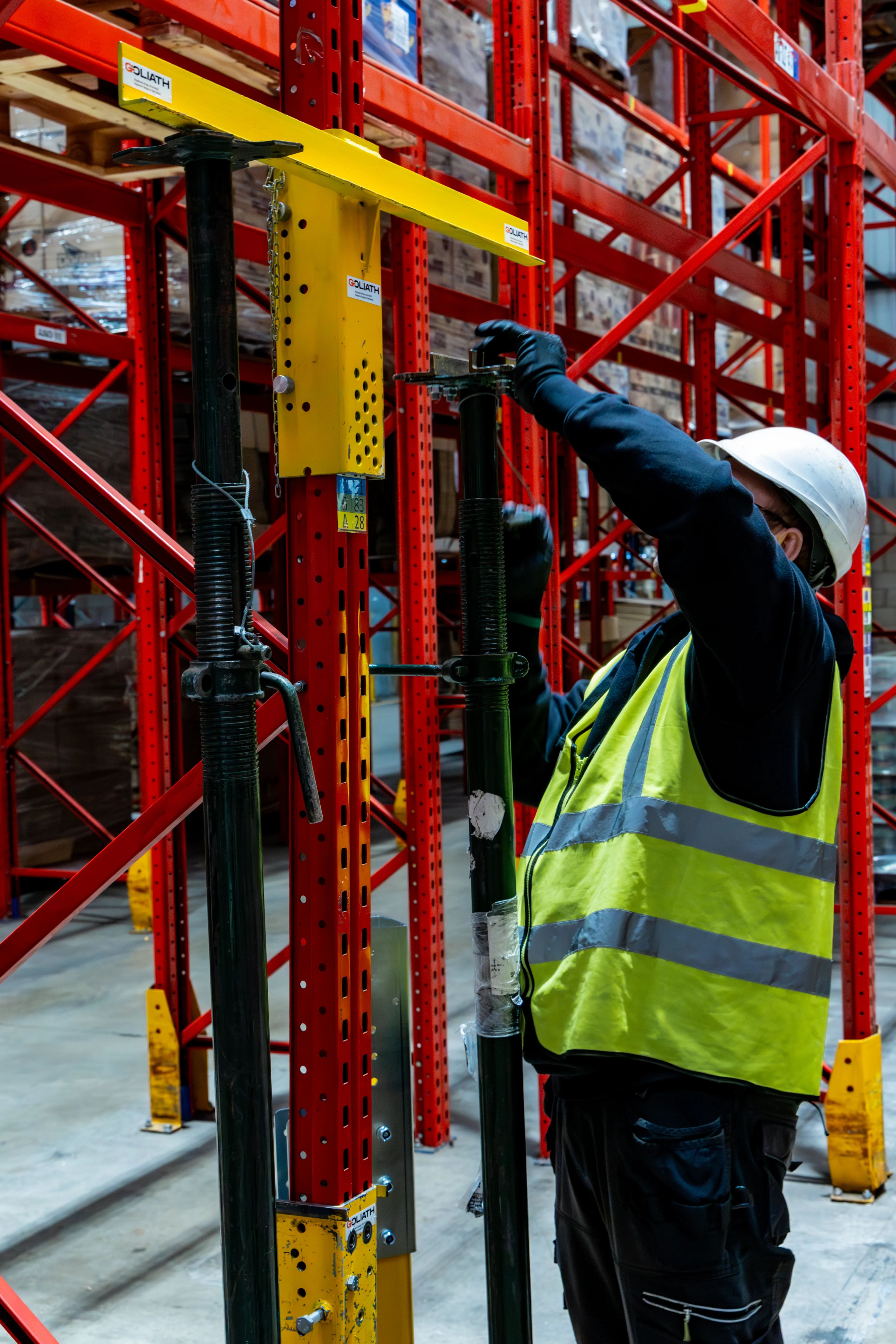 Close-up of reinforced racking column in operation