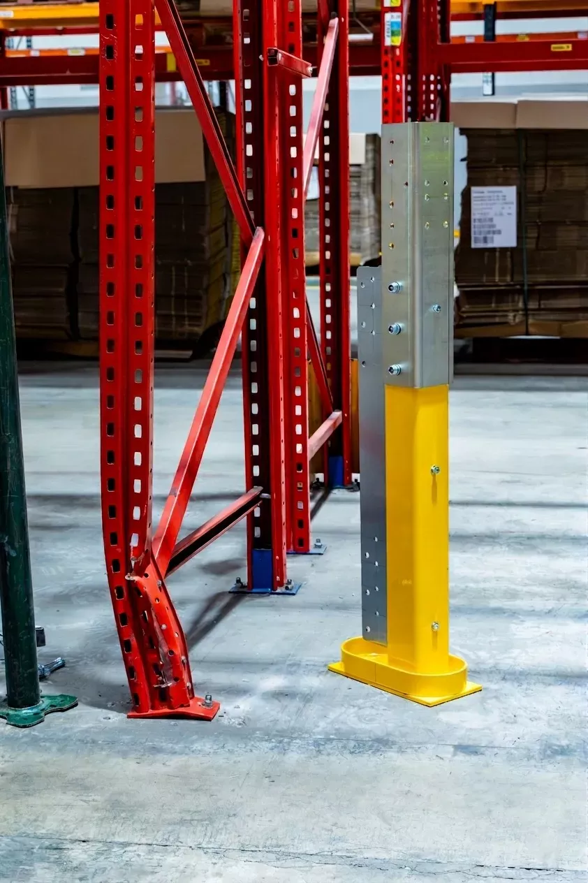 Damaged racking upright showing dent impact